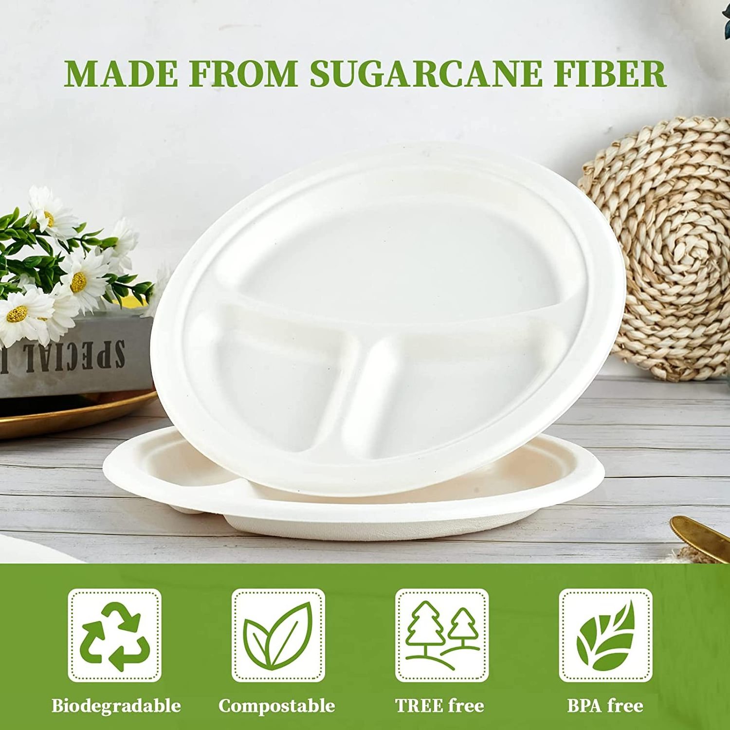 9 Inch 3 Compartment Sugarcane Compartment Biodegradable Paper Plates Disposable Dish For Birthday Party