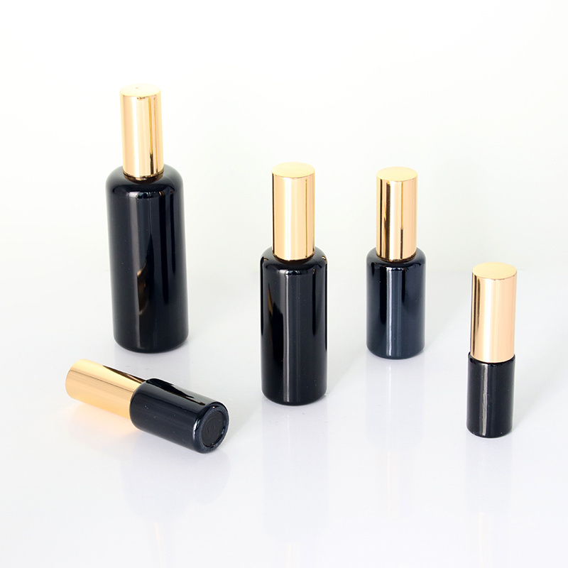 True color bright black opaque glass spray bottle fine mist makeup water perfume essential oil anodized aluminum nozzle gold