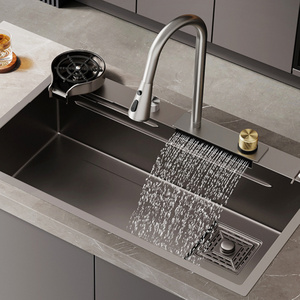 Nano Black 201 304 Stainless Steel Single Bowl Rainfall Hidden Kitchen Sink with waterfall faucet