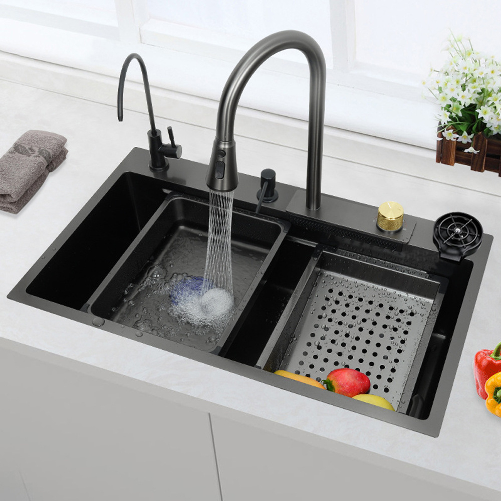 Nano Black 201 304 Stainless Steel Single Bowl Rainfall Hidden Kitchen Sink with waterfall faucet