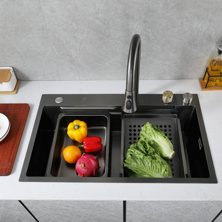 Nano Black 201 304 Stainless Steel Single Bowl Rainfall Hidden Kitchen Sink with waterfall faucet