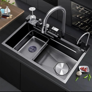 Multifunctional Nano Black whale Waterfall Stainless Steel Kitchen Sink with Modern Pull Out Faucet