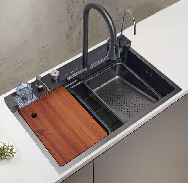 Multifunctional Nano Black whale Waterfall Stainless Steel Kitchen Sink with Modern Pull Out Faucet