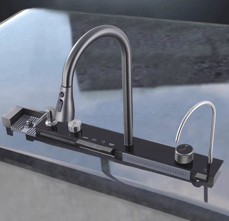 Multifunctional Nano Black whale Waterfall Stainless Steel Kitchen Sink with Modern Pull Out Faucet