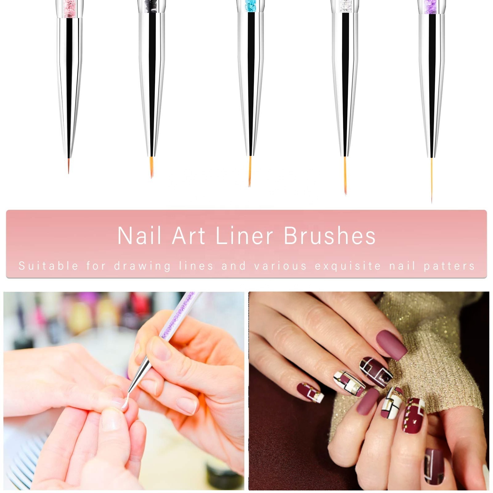 9pcs Custom Logo French Manicure Gel Painting Crystal Handle Liner Nail Art Set Nylon Detail Fine Line Thin 3d Brush for Nail