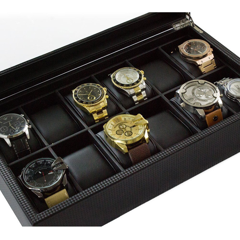 Carbon fiber men watch sets storage boxes organizer for 12 slots watch box with window and wood