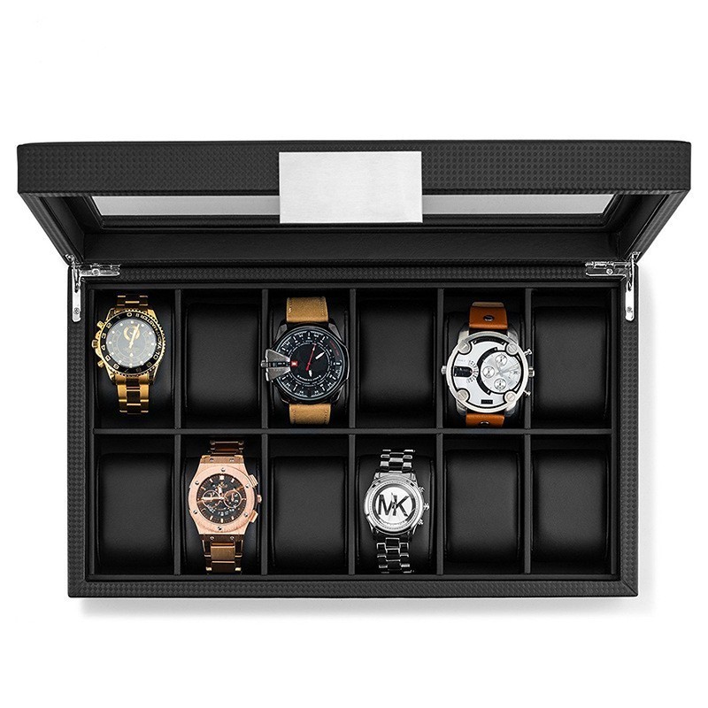 Carbon fiber men watch sets storage boxes organizer for 12 slots watch box with window and wood