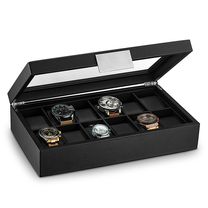 Carbon fiber men watch sets storage boxes organizer for 12 slots watch box with window and wood