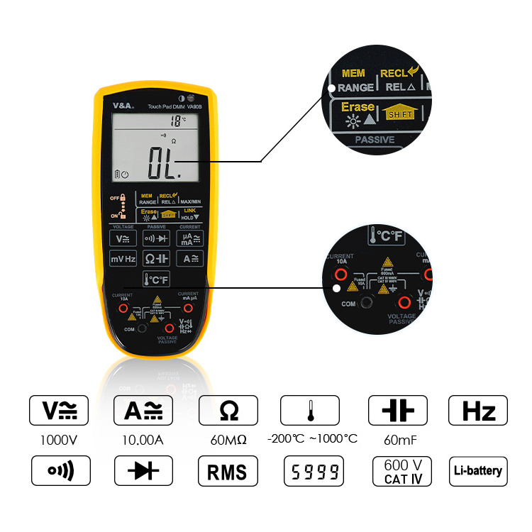 High Accuracy True-RMS V&A VA90B Digital Multimeter Rechargeable Smart Measurement Touch Pad Multimeters