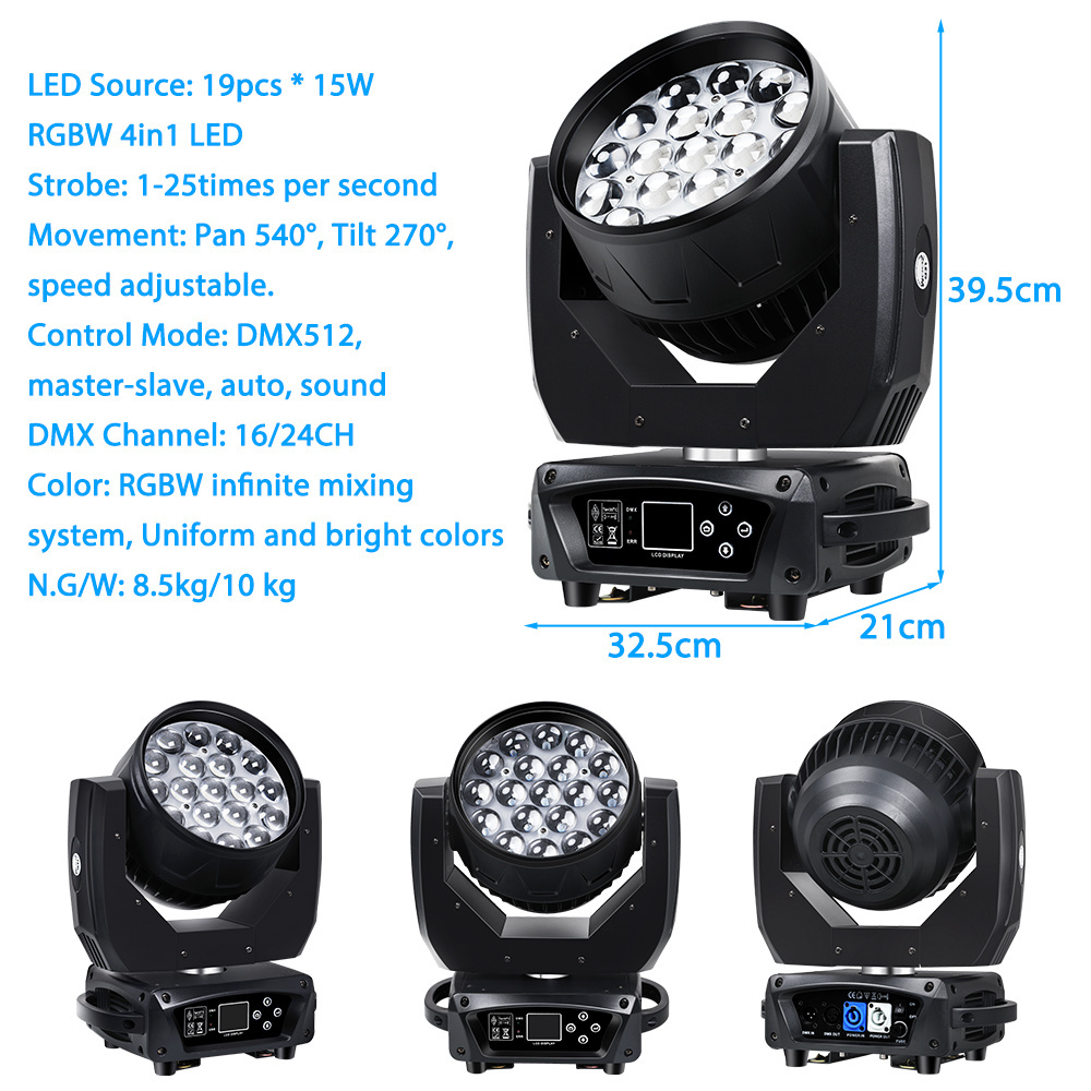 19*15w RGBW 4in1 Focusing Moving Head Stage Lights Led Moving Head Wash Lighting For Wedding Events Party Sharpy Light Disco