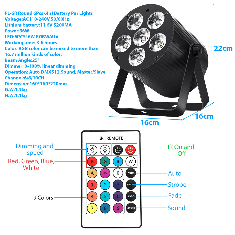 VALAVA 6Pcs 6W LED Uplights Spotlights RGBWAUV 6in1 Battery Operated Rechargeable DMX Small Stage Home Garden Led Par Light