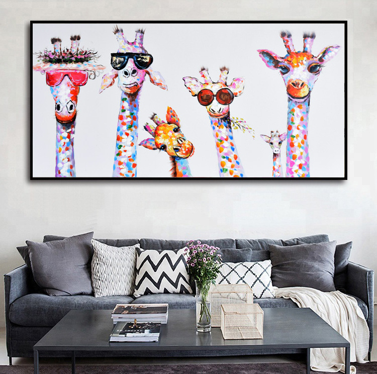 Factory Price Giraffe Cartoon Art Oil Painting Print On Canvas Wall Picture For Kid Bedroom