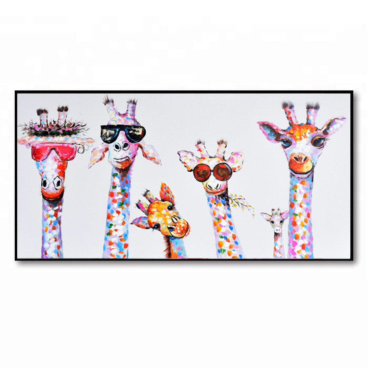 Factory Price Giraffe Cartoon Art Oil Painting Print On Canvas Wall Picture For Kid Bedroom