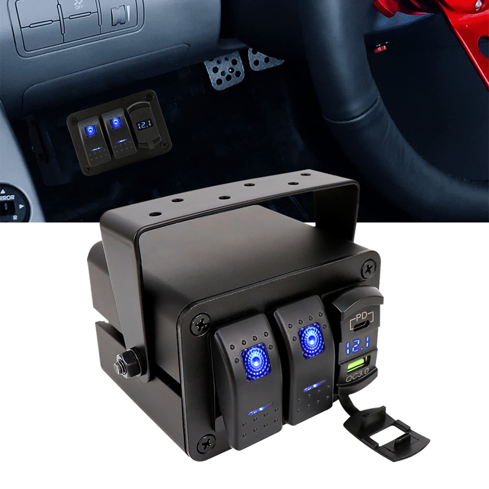 New Design 12V 3 Gang Waterproof Rocker Switch Panel Box Qc3.0 Usb Charger Voltmeter on off Auto Switches for Boat Use