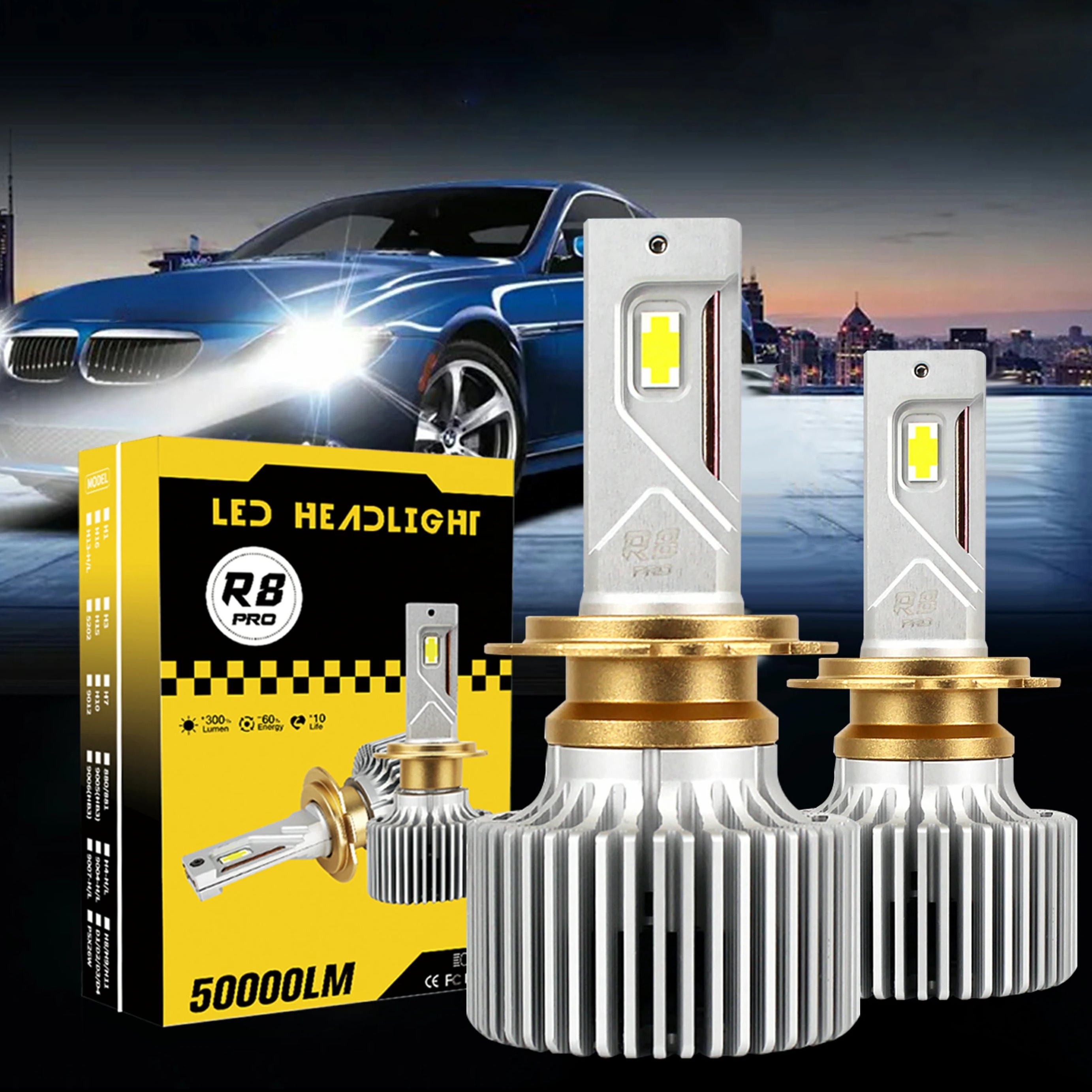 Super Bright 300W 50000LM R8pro  H11 Led Headlight Car Light Bulb High Low Beam H4 H11 H7 Led Headlights