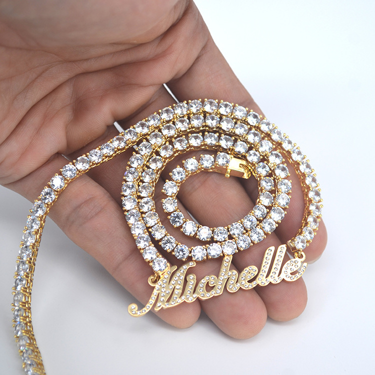 Custom 18K Gold Plated Jewelry Stainless Steel Personalised Name Moissanite Tennis Chain Diamond Necklace