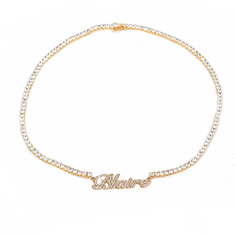 Custom 18K Gold Plated Jewelry Stainless Steel Personalised Name Moissanite Tennis Chain Diamond Necklace