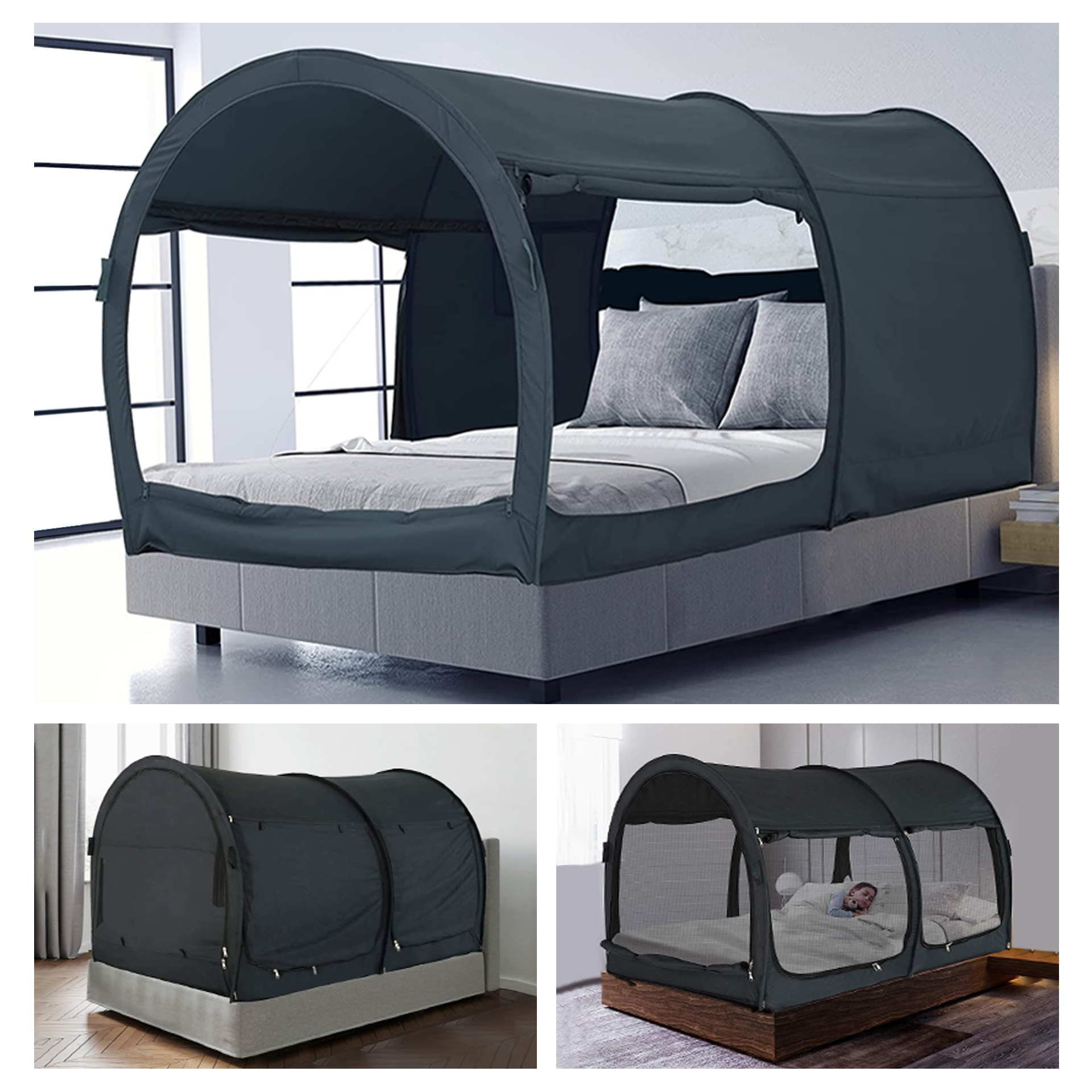 Foldable Indoor Pop-up Play & Privacy Bed Tent Blackout Mosquito Net Canopy Dream Camping Tent Black Made Polyester-for Home Use