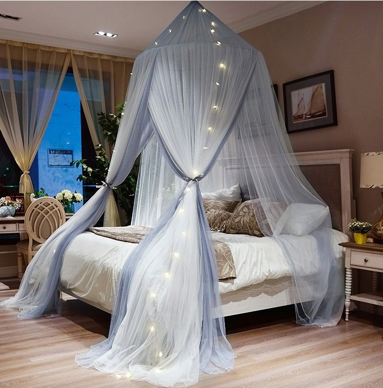 New Design Grey White LED Lights Glowing Mosquito Net Decoration Polyester Mesh Hanging Bed Nets for Double Bed for Camping