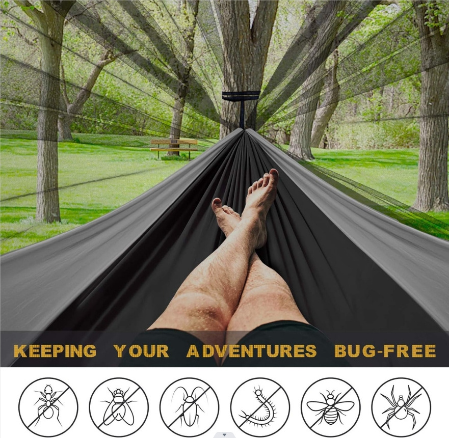 Camping Hammock with Net,Travel Portable Lightweight Hammocks with Tree Straps and Solid D-Shape Carabiners, Parachute Nylon