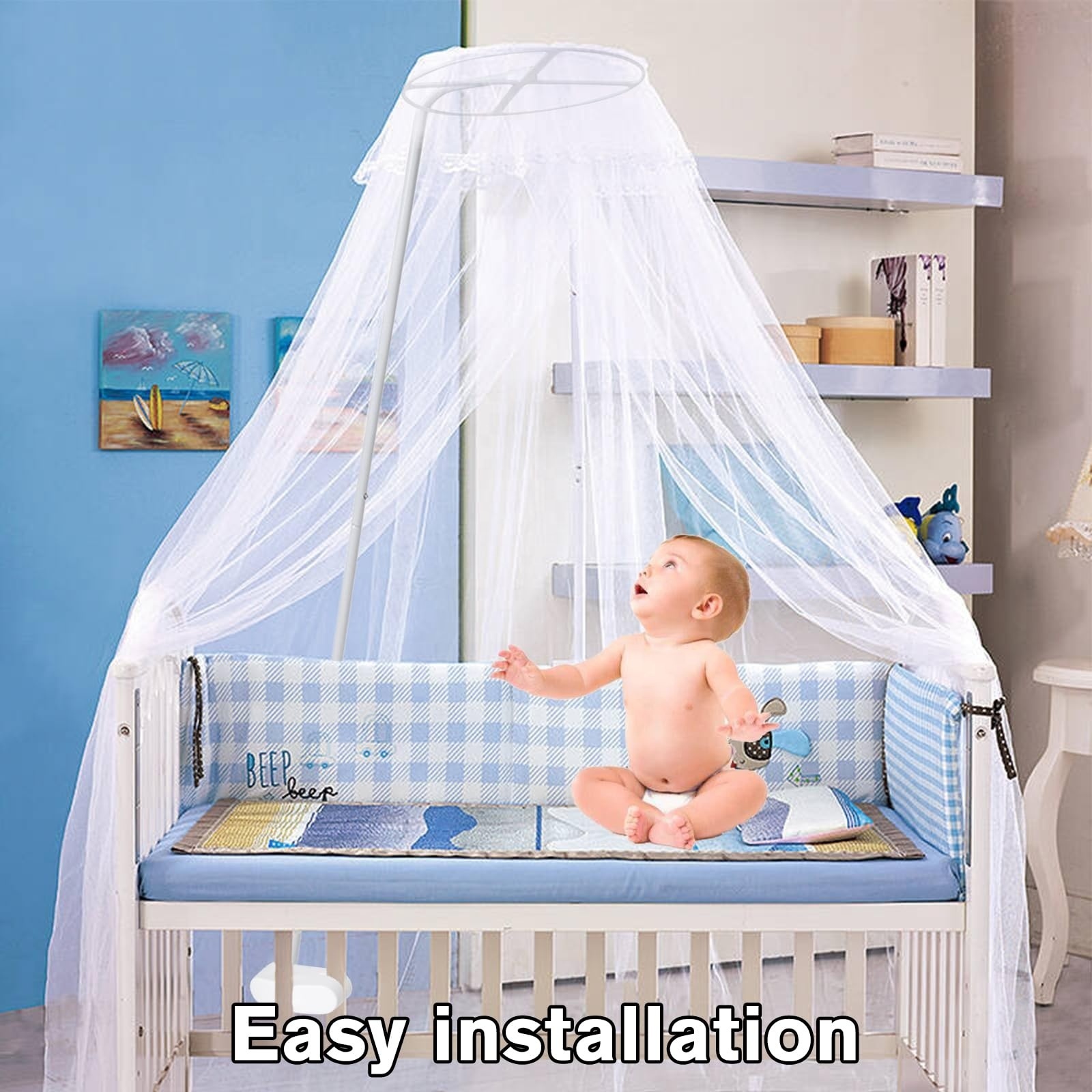 Large Dome Hanging Bed Canopy Mosquito Mesh Net for Bed, Mosquito Net Stand Holder Set for Baby Crib Cot Bed