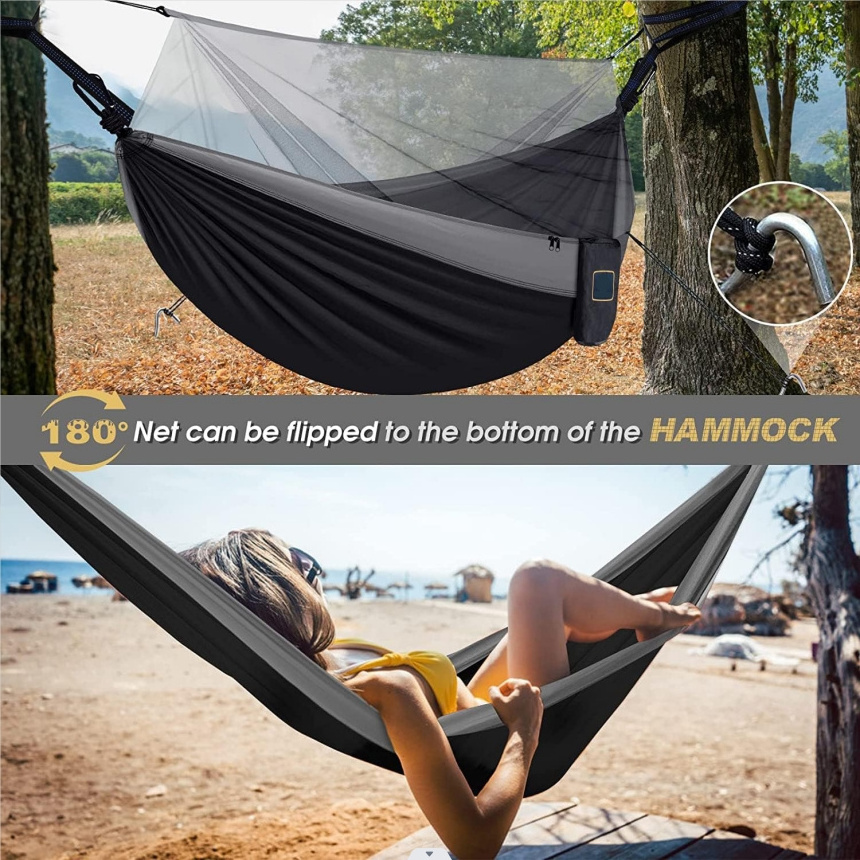 Camping Hammock with Net,Travel Portable Lightweight Hammocks with Tree Straps and Solid D-Shape Carabiners, Parachute Nylon