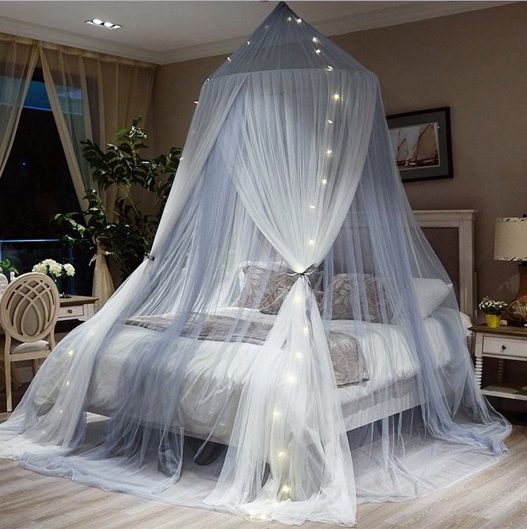 New Design Grey White LED Lights Glowing Mosquito Net Decoration Polyester Mesh Hanging Bed Nets for Double Bed for Camping