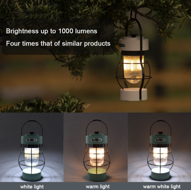 New 1000 lumens retro portable tent lamp Type-C rechargeable camping light waterproof lantern with hook and power bank