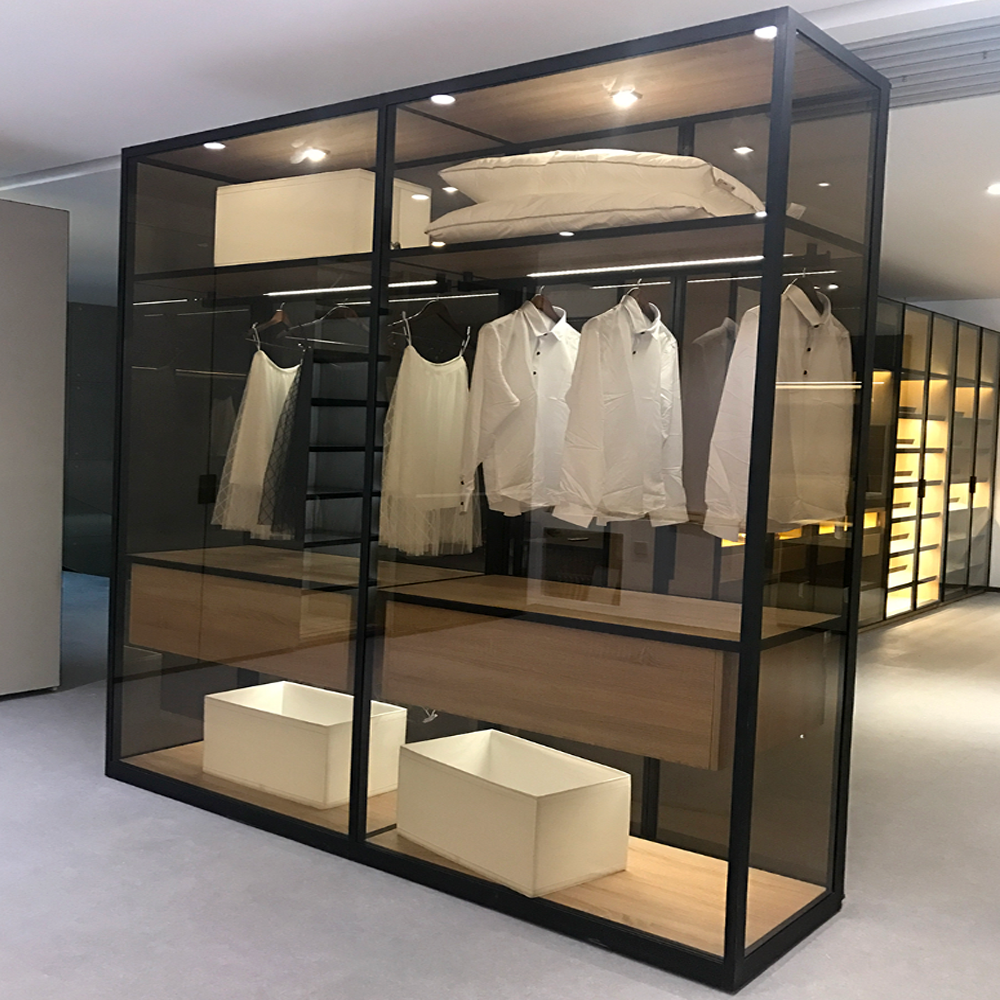 Walk In Closet Transparent Tempered Glass Wooden Wardrobe Cabinet