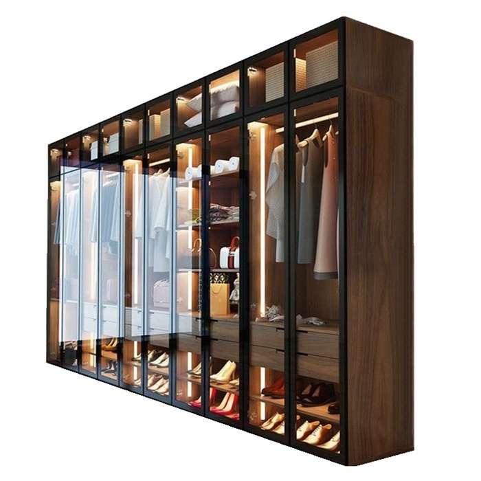 Modern walk in closet Designs glass door bedroom furniture storage drawers glass wardrobes with LED