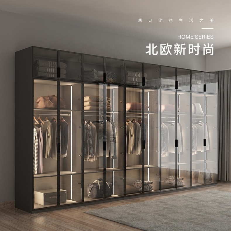 Custom bedroom Cabinet  Walk In Closet Wardrobe Aluminum Profile Frosted  custom bedroom Glass led light wardrobes