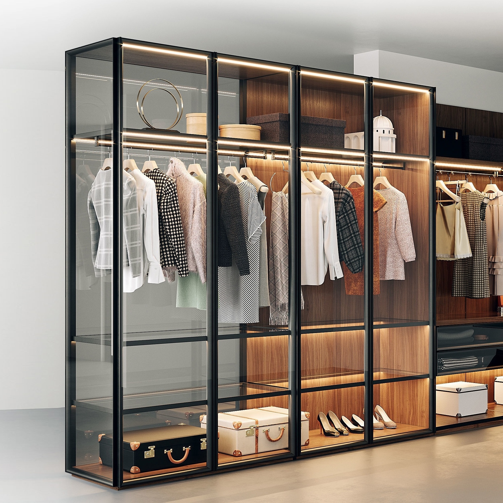 Walk In Closet Transparent Tempered Glass Wooden Wardrobe Cabinet