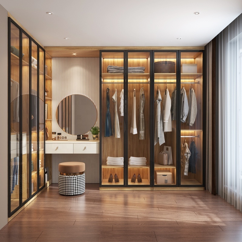 Modern Bedroom Wardrobes Cabinet Custom Walk In Closet Wardrobe Aluminum Profile Frosted Glass Wardrobe