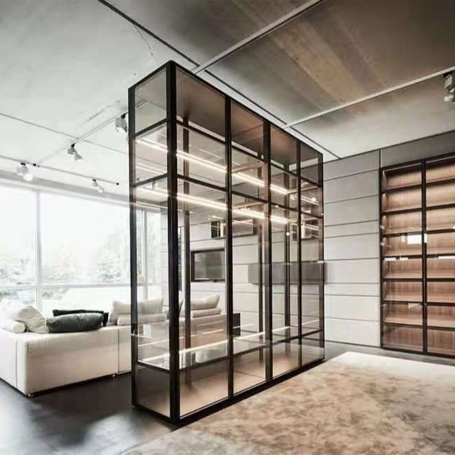 Walk In Closet Transparent Tempered Glass Wooden Wardrobe Cabinet