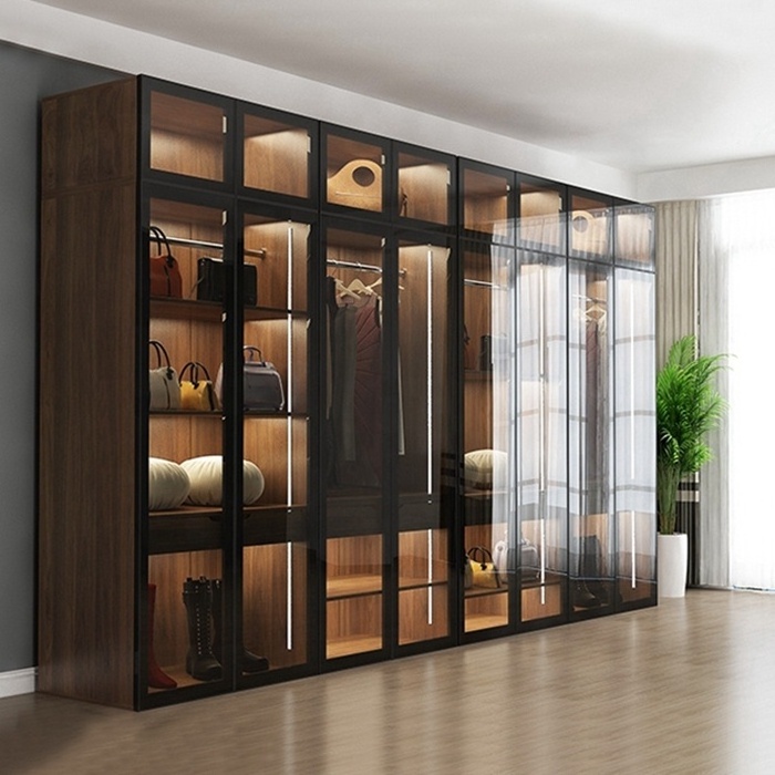 Modern walk in closet Designs glass door bedroom furniture storage drawers glass wardrobes with LED