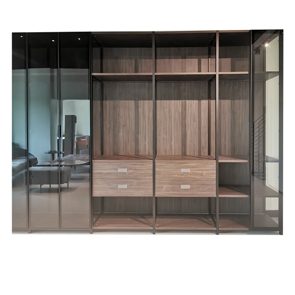 Aluminum Glass Door Wooden Wardrobe Closet and Rubber Wood Modern Black Bedroom Furniture Home Furniture Customized Size 25days