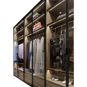 Aluminum Glass Door Wooden Wardrobe Closet and Rubber Wood Modern Black Bedroom Furniture Home Furniture Customized Size 25days