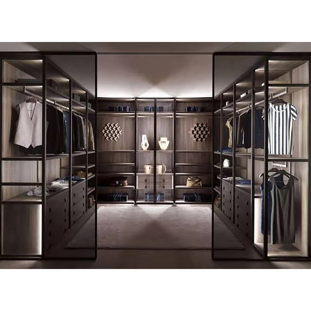 Modern  Board Walk In Closet Aluminum Metal Glass Door Wooden Wardrobe Closet Design