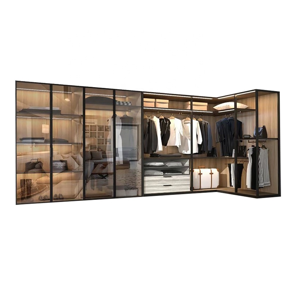 Modern  Board Walk In Closet Aluminum Metal Glass Door Wooden Wardrobe Closet Design