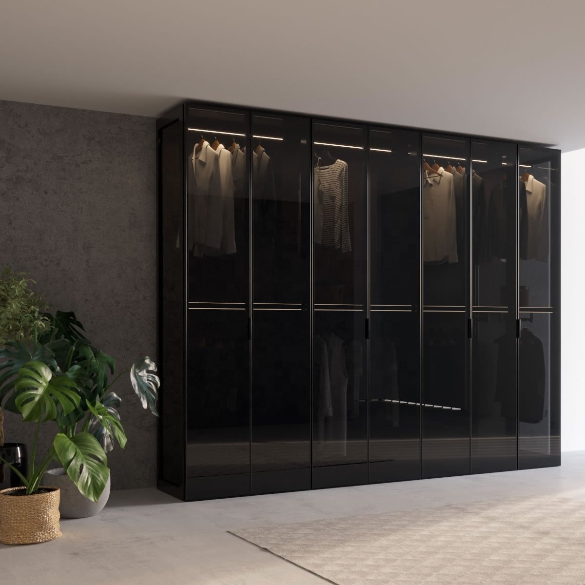 Modern walk in closet Designs glass door bedroom furniture storage drawers glass wardrobes with LED