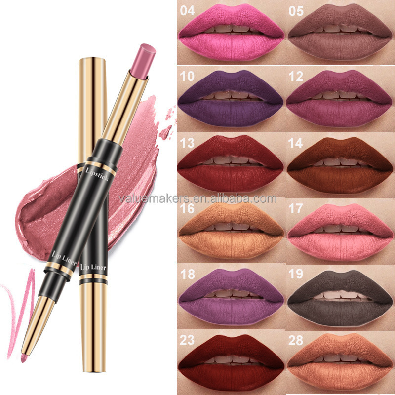 dual-ended matte lipstick with lip liner private label water proof nude 2 in 1 lipsticks vegan  cruelty-free red lip beauty