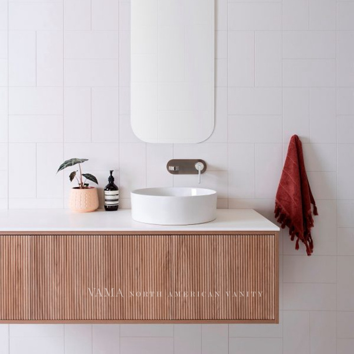 Vama 60 Inch Australia Style Modern Melamine Ripple Effect Wood Veneer Bathroom Vanity with Double Basin A2202