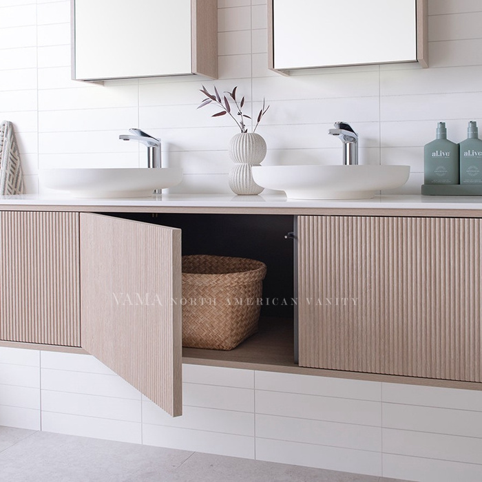 Vama 60 Inch Australia Style Modern Melamine Ripple Effect Wood Veneer Bathroom Vanity with Double Basin A2202