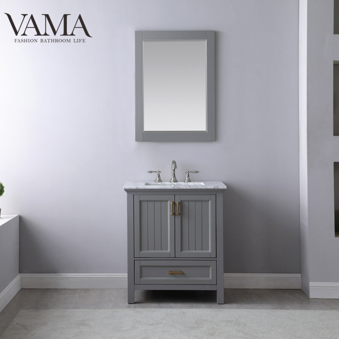 VAMA 30 inch American style solid wood bathroom vanity with marble top floor mounted cabinets with mirror 538030