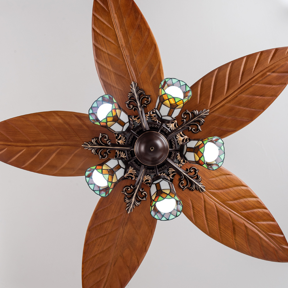 Modern Unique Classic Antique American Retro Leaf Shape Style Wood Blade Chandelier Ceiling Fan With Light Kit