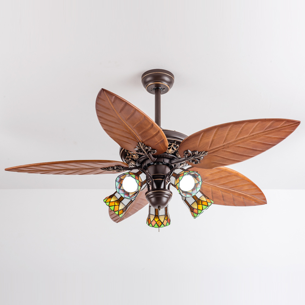 Modern Unique Classic Antique American Retro Leaf Shape Style Wood Blade Chandelier Ceiling Fan With Light Kit