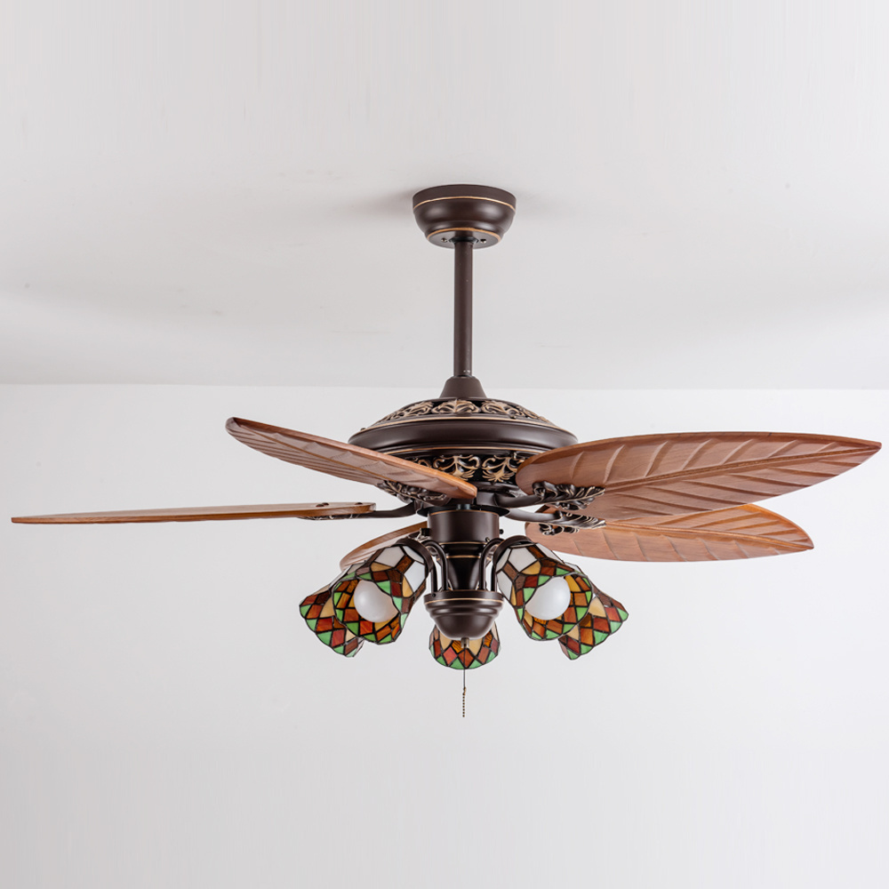 Modern Unique Classic Antique American Retro Leaf Shape Style Wood Blade Chandelier Ceiling Fan With Light Kit