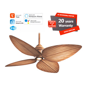 52 Inch ventilateur de plafond Tropical Palm Leaf Style Outdoor Indoor Electric DC copper Motor Smart LED Ceiling Fan With Light