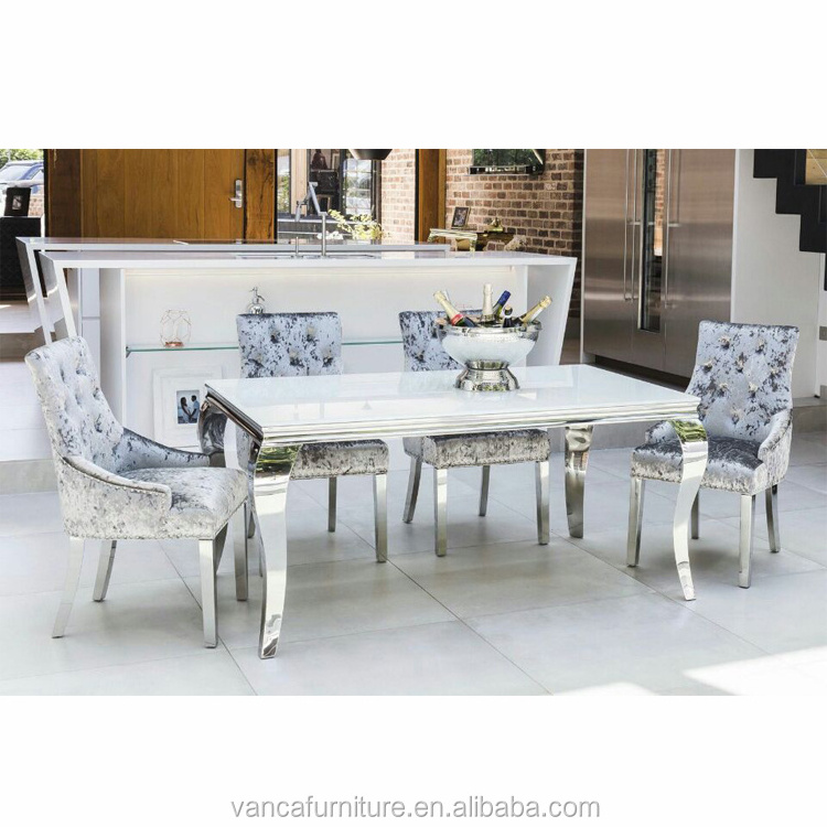 Luxury Silver stainless steel Leg with tempered glass top Home dining room table sets