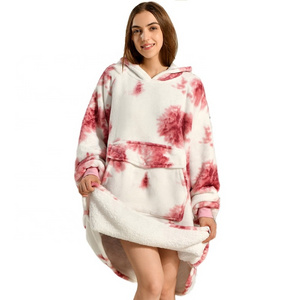 Custom OEM Flannel Sherpa  Printed TV Blanket Hoodie allover printing Wearable Blanket oversized Printed Hoodie Blanket